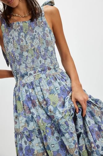 Women Floral Maxi Dress Tie Shoulder Cutout Backless Boho Smocked Flowy Dresses Summer Fall Sundress3