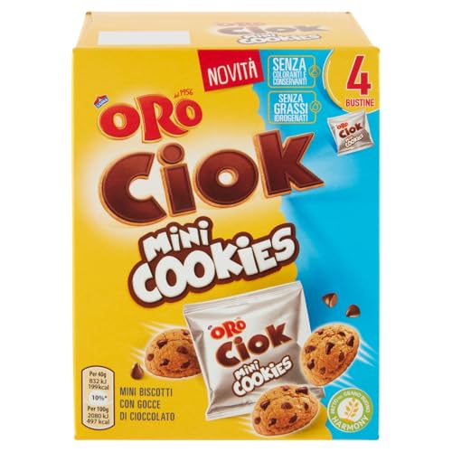 Oro Ciok Mini Cookies, Mini Biscotto Cookies Ripieno di Gocce di Cioccolato al Latte, Merenda Semplice e Golosa, Fonte Naturale di Fibre, Senza Coloranti e Conservanti, 160g (4 monoporzioni da 40g)