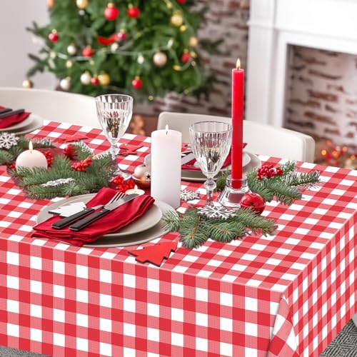 Image of WNINK 3 Pack Red Gingham Tablecloth Rectangular Red and White Checkered Tablecloths Disposable Plastic Red Plaid Table Cover for Parties, Christmas, Outdoor Picnic, Birthday, Wedding, Camping 54 x 108