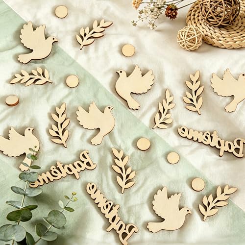 FINEVERNEK 60PCS Baptême Confettis en Bois Forme Pigeon Sauge Accessoire de Fête Baptême Communion Décoration de Table Festive