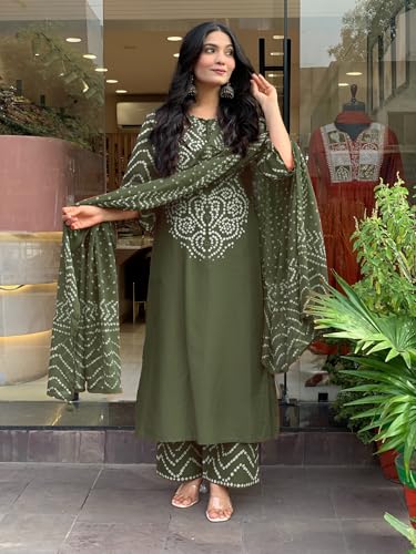 Image of GoSriKi Kurta Sets for Women Rayon Viscose Bandhani Printed | Kurti Set for Woman | Kurta Pant Dupatta Set | Straight Kurti | Round Neck 3 /4 Sleeve Suit Set for Women Stylish Ethnic Outfit