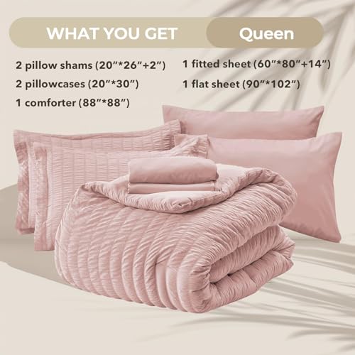 Image of HYMOKEGE Rose Gold Queen Comforter Set Seersucker 7 Pieces, All Season Luxury Bed in a Bag for Bedroom, Bedding Set with Comforters, Sheets, Pillowcases & Shams