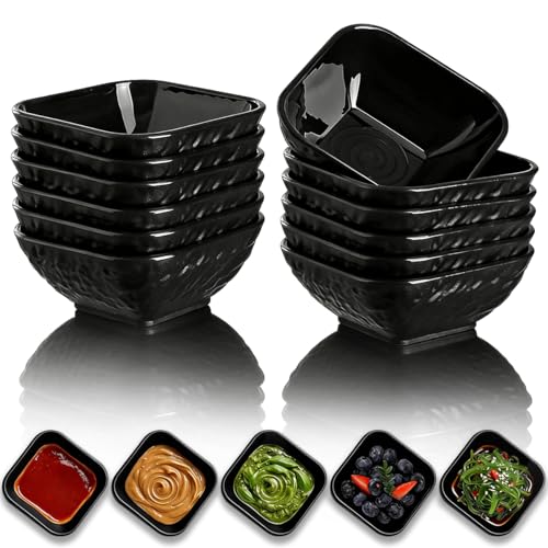 Berglander Dip Bowls Set 12pcs 180ml Black Plastic Dipping Bowls Matte Stone Texture Soy Sauce Plates Mini Appetizer Bowls for Side Dishes Condiment Server for Tomato Sauce Ketchup BBQ Party
