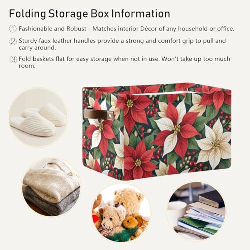 Image of Aslsiy Storage Basket Red White Poinsettias Holly Leaves (5) Nursery Bins Baby Box Canvas Clothes Shelf Basket Laundry Hampers 1 Pcs