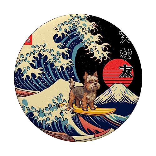 Biewer Terrier Japanese Kanagawa Wave Surf Loyal Dog PopSockets Swappable PopGrip, Black - Image 3