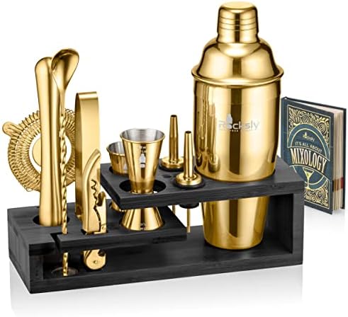 ROCKSLY Mixology Bartender Kit and Cocktail Shaker Set for Drink Mixing | Mixology Set with 10 Bar Set Tools and Bamboo Stand Makes It The Perfect Home Cocktail Kit | Complete Bartender Kit (Gold)