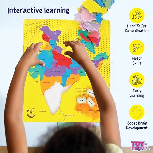 Image of ToyMagic India Capital Map Puzzle | Learn Indian States and Capitals, Geography for Kids,Learning & Educational Toys |Board Puzzle Game for | 25 Pieces Puzzles for Ages 4