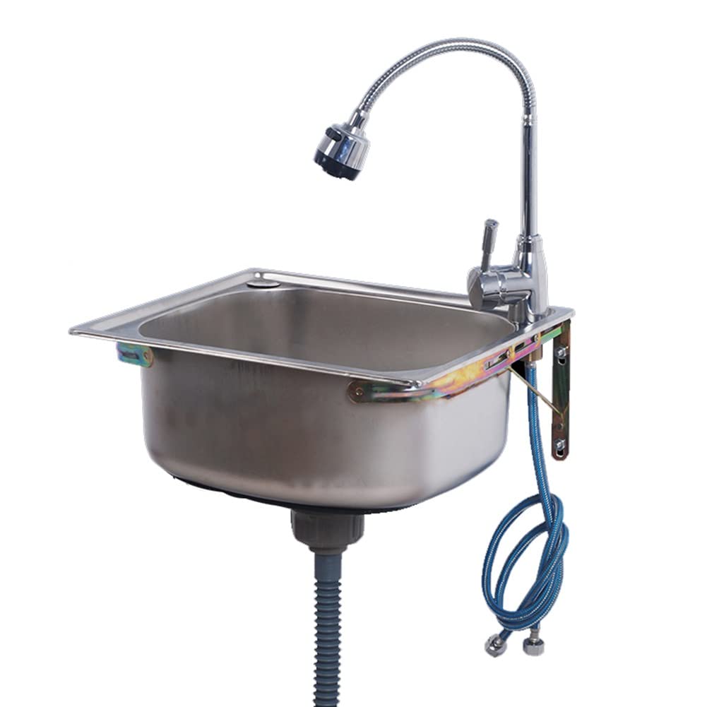 WDSOPK Single Bowl Stainless Steel Sink for Washing with Gooseneck Faucet - Wall Mount Hand Basin for Restaurant, Kitchen and Home - Drop-in Top Mount Kitchen Sink (Silver 68x45cm)