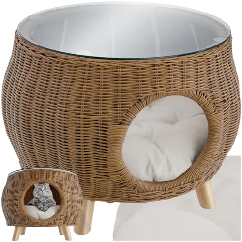 TecTake® Table Basse avec lit pour Chat, Chaton ou Petit Chien en Poly rotin & Bois Massif avec Plateau en Verre de sécurité, Résistant à l'eau pour Salon ou Salon de Jardin Exterieur, Max. 75 kg