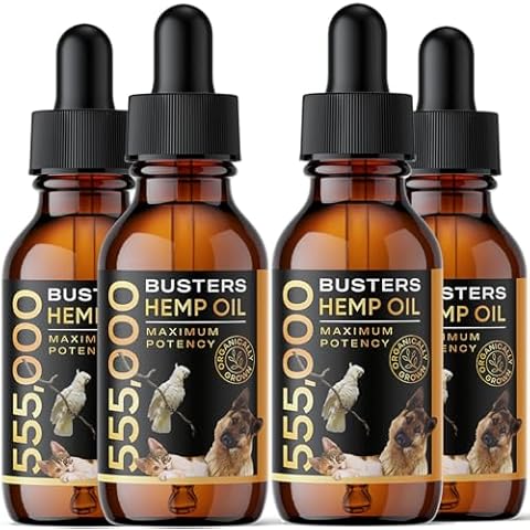 K2xLabs Buster's Organic Hemp Oil for Dogs and Pets, 4PACK-8MTH-supply, 555,000 Max Potency, Large 60ml Bottle, Made in USA - Miracle Formula, Perfectly Balanced Omega 3, 6, 9 - Joint Relief, Calming Cover