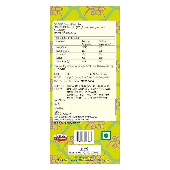 Image of Flurys Green Tea Lemongrass I Refreshing Detox Green Tea Blend with Natural Lemongrass | Antioxidant-Rich Wellness | 25 Tea Bags (Pack of 3)