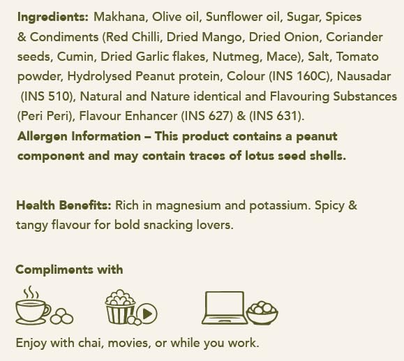 True-Purna Peri Peri Makhana (90 g) | Roasted Fox Nuts Snack | Spicy Peri Peri Flavour Lotus Seeds | High Fiber Protein Rich Gluten Free Snack | Jar Pack 1