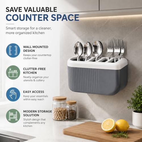 Image of Wall Mounted Cutlery Holder, 4 Section Self Draining Kitchen Organizer for Spoons, Knives, Forks, Chopsticks & Utensils, ABS Plastic Cutlery Stand for Kitchen & Dining Table, Home Storage