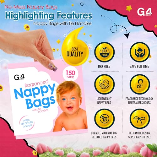 G4GADGET 300 Nappy Bags, Extra Strong Disposable Diaper Sacks with Tie Handles, Odour Neutralizing & Leakproof - Image 2
