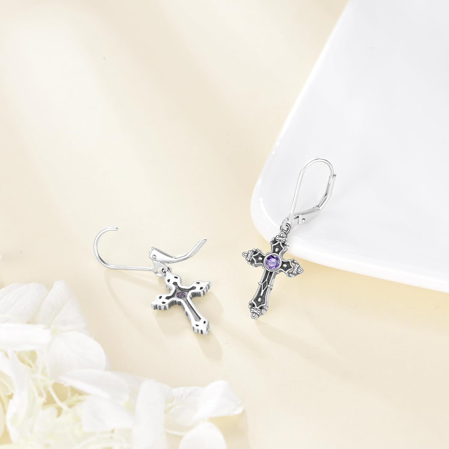 LONAGO Cross Earrings for Women 925 Sterling Silver Vintage Cross with Birthstone Drop Earrings - Image 5