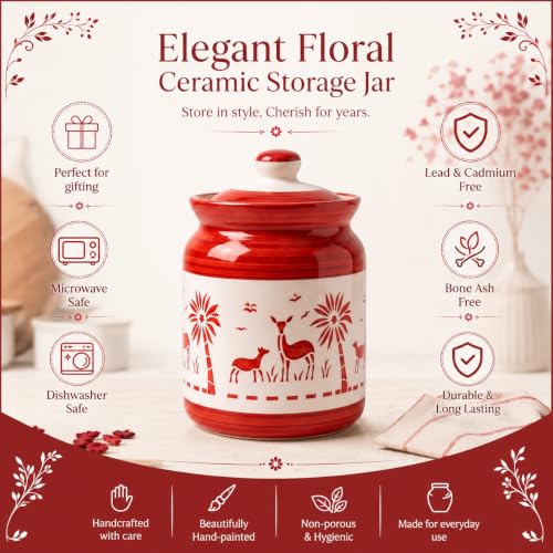 Image of D'Maiolica Ceramic Handmade Pickle Jars in 1000ml (set of 2) | Floral Bale 1 kg Achaar Martban | Ceramic Jadi for Kitchen Storage (Set of 2) | Jars for Achar, Spices, Salt (Artisan Red Savannah)