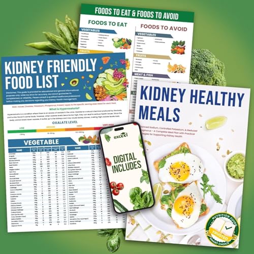 EXCOOL CLUB Laminated Kidney Friendly Food List Chart for CKD & Dialysis - Renal Diet Food Guide with Low Sodium Potassium & Oxalate Foods Daily Meal Planning Recipes & Grocery Support for Kidney Health