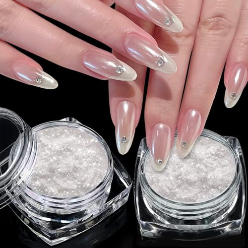 2 Jars White Clear Chrome Nail Powder Set 1g Transparent Glass Mirror Effect Aurora Pearl Chrome Powder for Nails Glitter Pigment Acrylic Powder for Gel Polish Nail Art Design with 2 Tools