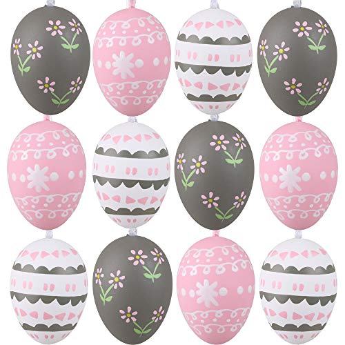 Valery Madelyn Ostern Deko Eier Kunststoff 12er Set 6cm Plastikeier Osterdeko Ostereier zum Aufhängen für Ostern Dekoration Frühlingsdeko Grau Rosa Weiß Cover