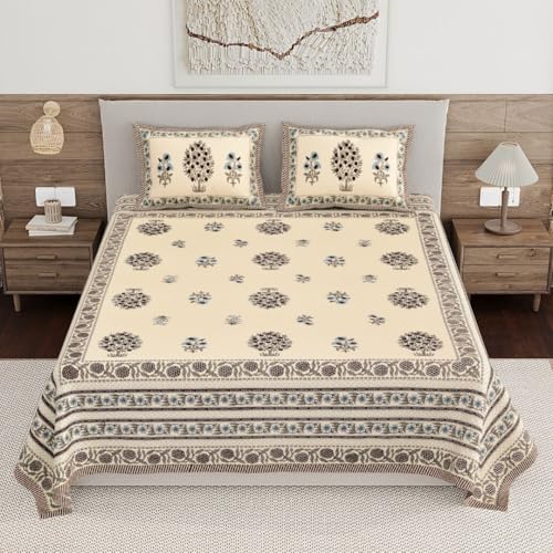 Image of Living Roots Ethnic Jaipur Block Print Double Cotton Bedsheet & 2 Pillow Covers, for Mattress Upto 6 inches Thick, No Colour Bleeding, Blue Colour, King Size 90 * 108 inches, 120TC (614-B)