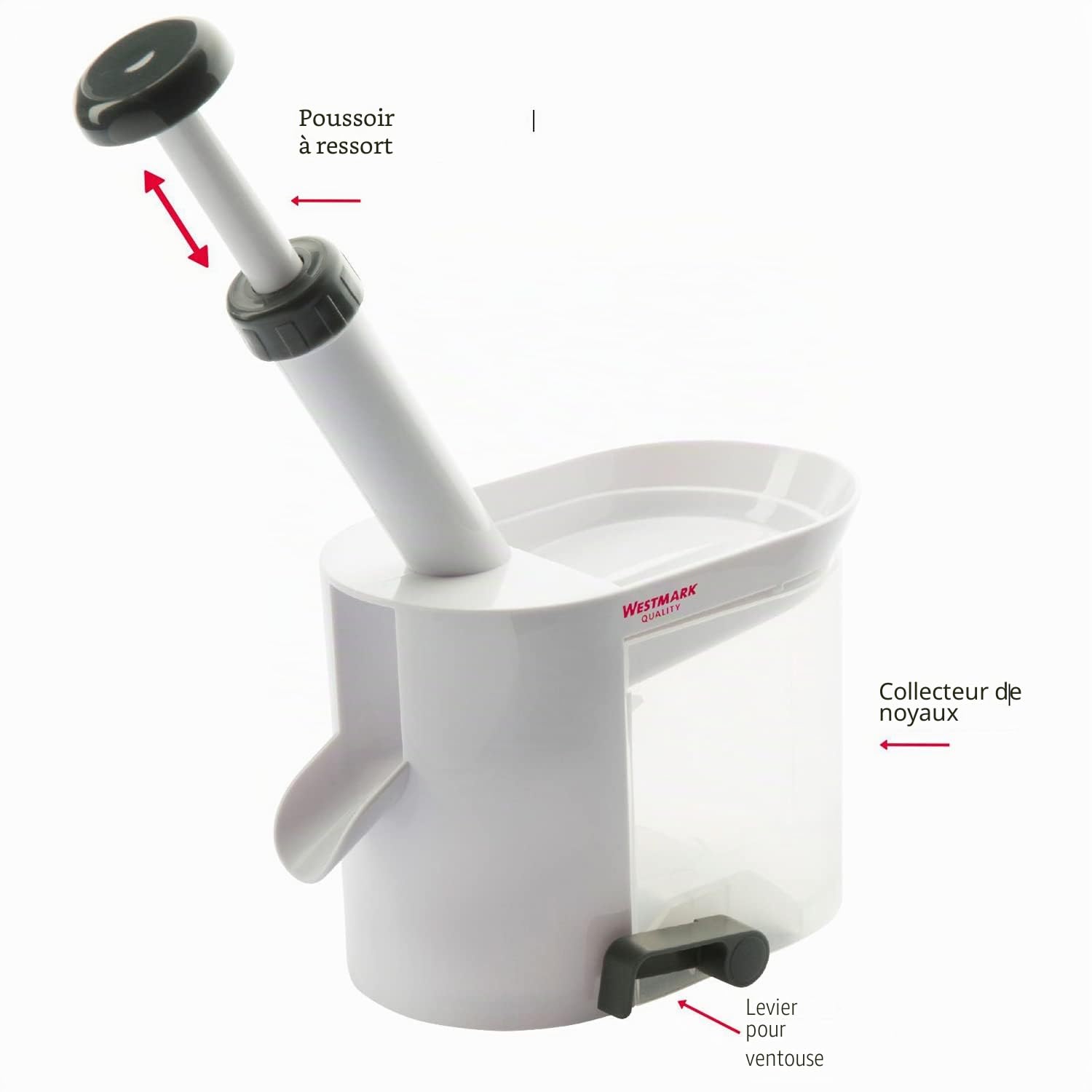 Westmark Dénoyauteur à Cerises avec Goulotte et Caissette à Noyaux, inclus Kit de 4 Pièces d'usure/rechange, Plastique/acier inoxydable, Blanc/anthracite, 403022E6