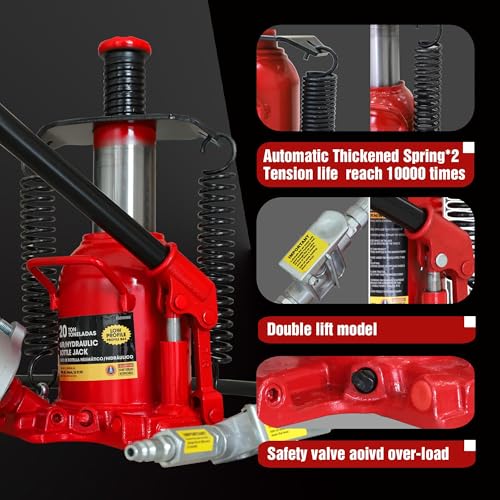 Image of BIG RED TQ20006D-1 Torin Welded Low Profile Pneumatic Hydraulic Car Bottle Jack: Aluminum Alloy Pump and Unique Slow Release Equipment for Auto Repair and House Lift, 20 Ton (40,000 LBs) Capacity, Red