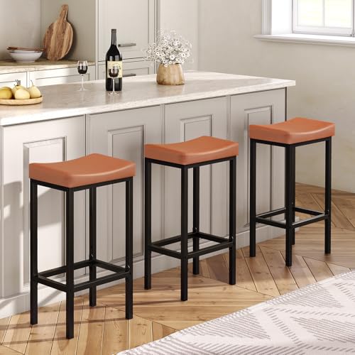 Image of HOOBRO Bar Stools, Set of 2 Bar Chairs, Counter Height Stools, Saddle Barstools with Curved Surface, 24.8 Inches, 2.4 inch Thick Upholstery, for Kitchen, Dining Room, Cafe Orange-Brown and Black CB10BY01