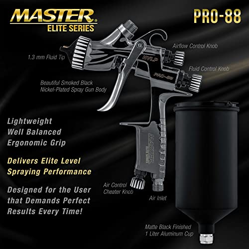 Image of Master Elite Performance PRO-88 HVLP Automotive Spray Paint Gun with 1.3mm Tip, 1L Cup, Regulator Gauge, MPS Adapter - Auto Paint Spray Gun for Automotive Basecoats, Clearcoats - Advanced Atomization