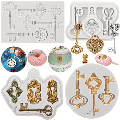MINFEIDMS Vintage Key Fondant Molds Lock Keyhole Silicone Chocolate Mold For Cake Decorating Cupcake Topper Candy Gum Paste Set Of 4