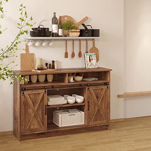 4 Ever Winner Farmhouse Coffee Bar Cabinet With Storage, 52” Sliding Barn Doors Kitchen Buffet Sideboard Storage Cabinet, Coffee Bar, Buffet Server Cabinet Cupboard Credenzas For Dinning Room #TOP2