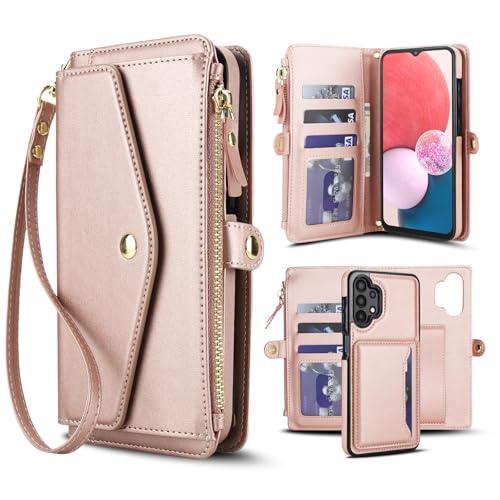 Coque Samsung Galaxy A13 4G/5G et A04S en cuir rose gold avec porte-carte et cordon