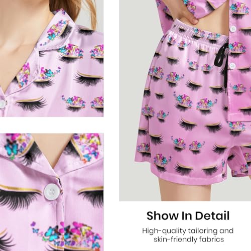 Image of Silk Satin Pajama Set for Women Summer Lounge Pjs Sets 2 Piece Suit Ladies Button Down Tops And Shorts Sleepwear