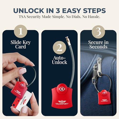 Image of Keyless TSA Approved Suitcase Luggage Locks, Red 4-Pack | No Combination to Remember, Durable Zinc Alloy Build, Free Lifetime Card-Key Replacements, Secures Bags, Lockers & Gym