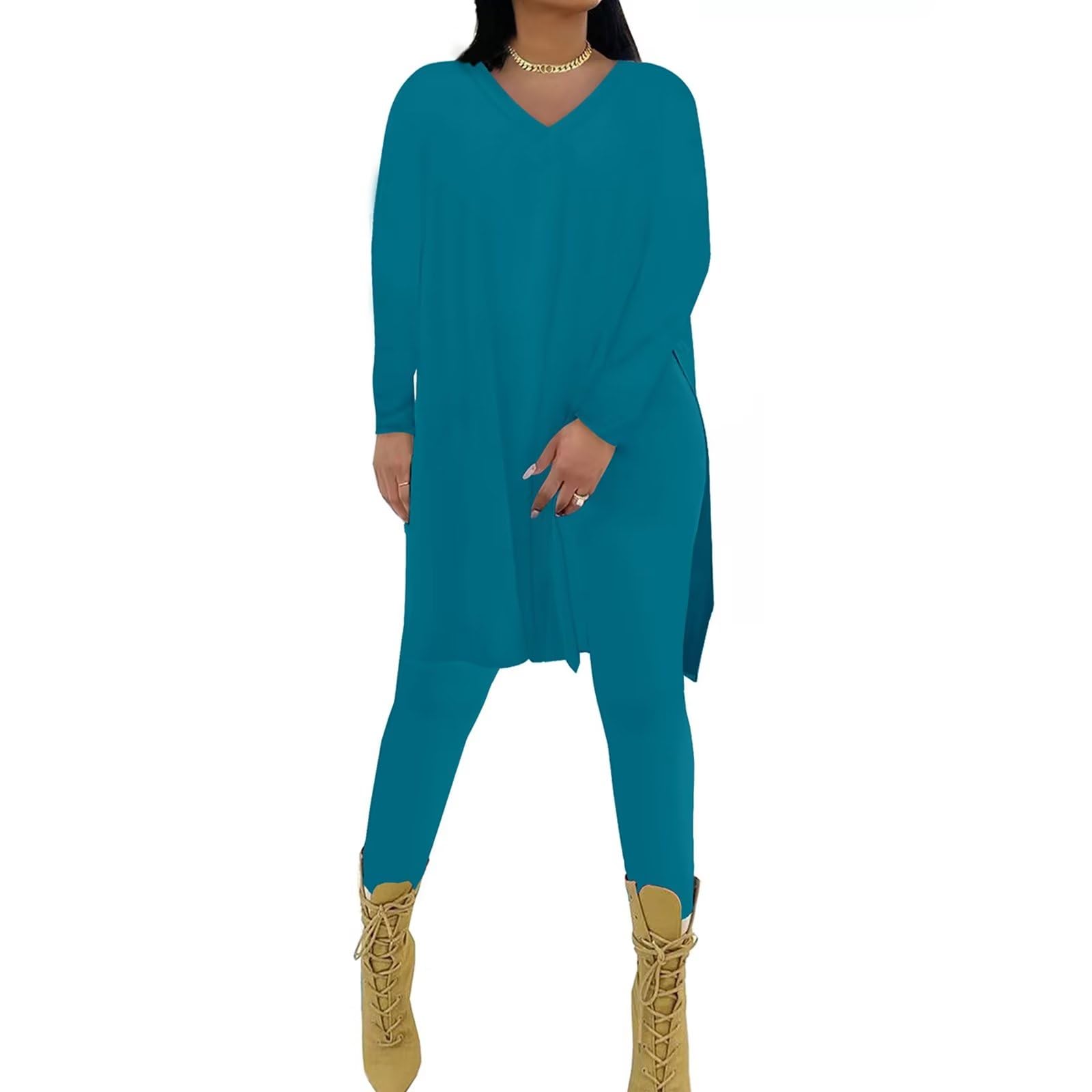 Difanlv Plus Size Women 2 Piece Outfits Sweatsuits V Neck Tunic Tops Bodycon Pants Tracksuits Sets