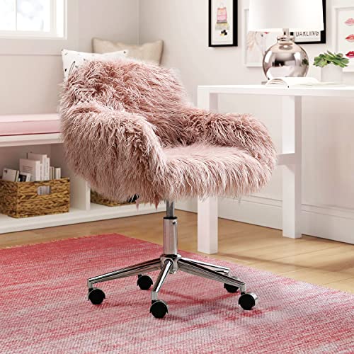 Dklgg Faux Fur Desk Chair, Cute Fluffy Upholstered Padded Seat, Vanity Accent Modern Height Adjustable Swivel Arm Decorative Furniture For Living Room/Makeup/Home Office/Teen Girls Bedroom, Pink #TOP1