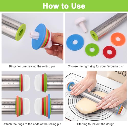Rolling Pin with Thickness Rings and Silicone Baking Mat, Adjustable Stainless Steel Rolling Pins for Pasta or Sugar Decorating Cookies, Bread Making Tools Fondant Roller for Dough, Dumpling, Ravioli - Image 6