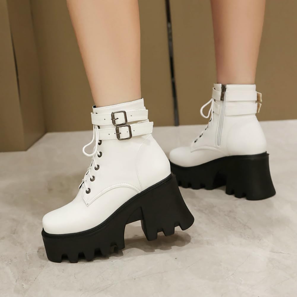 Botines Militares con Plataforma Y Tacón Ancho para Mujer Punk Gótico con Cordones Punta Cuadrada Botas De Combate Motero con Hebilla