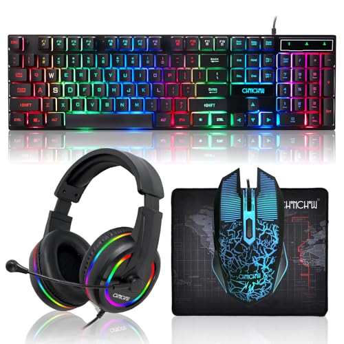 Gaming LED Keyboard Mouse Headset and Mousepad Bundle, CHONCHOW Wired Rainbow LED Light Up Gaming...