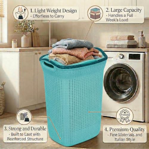 Image of Plastic Laundry Basket with Lid | 60L Extra Large Knit Hamper | Strong & Durable | Ideal for Bathroom, Bedroom & Kids Room | Multipurpose Cloth Storage Organiser | 36 x 46 x 61 cm | Marina Blue