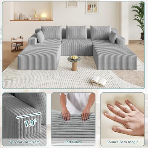 Image of 107 inch U-Shape Cloud Couch, Modern Modular Sectional U-Shape Sofa, Corduroy Boneless Couch Upholstered Couches Deep Seat Sleeper Chaise Longue for Living Room, No Assembly Required,Light Gray