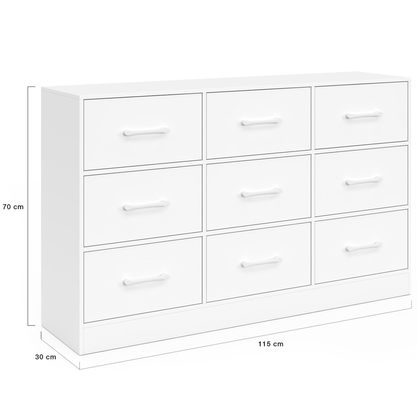 IDMarket UPPAH - Cajonera 9 cajones de tela (113 cm, mueble de almacenamiento de madera, color blanco