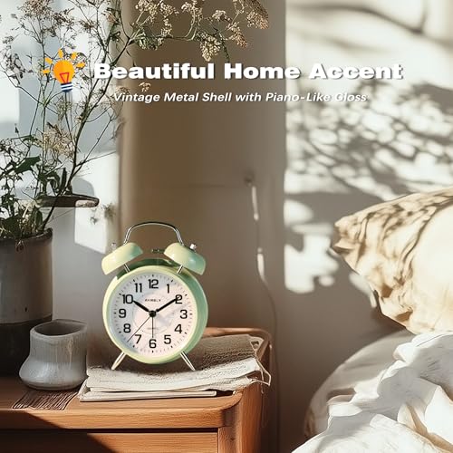 Image of AYRELY Super Loud Alarm Clock for Heavy Sleepers Adults,Twin Bell Retro 4 Inch Silent Non-Ticking Quartz with Backlight, Metal dial, Alarm Clocks for Bedrooms Bedside (saga Green)