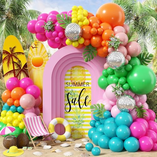 Image of Tropical Balloons Garland Arch Kit, 130Pcs Hawaii Balloon Arch Kit, 18 10 5 Inch Summer Green Hot Pink Orange Yellow Balloons, Hawaii Party Decorations for Swimming Surfing Beach Party Birthday