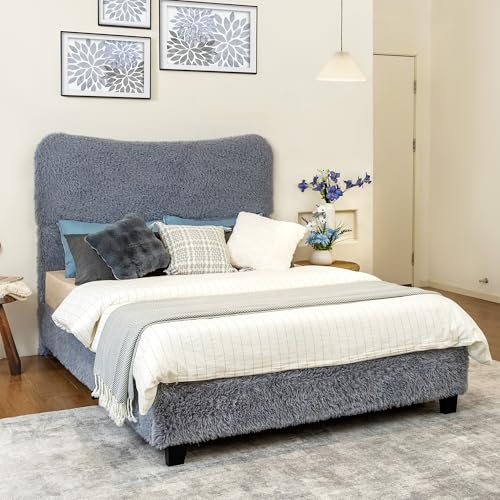 Yechen Cozy Faux Fur Queen Bed Frame with Tall Headboard,