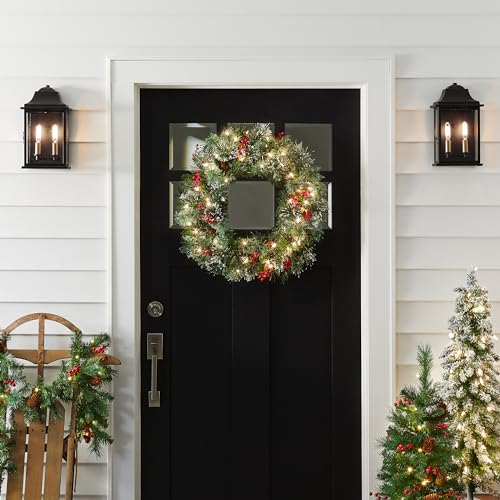 National Tree Company 24 in Pre-Lit Wintry Pine Artificial Christmas Wreath, Christmas Decoration with Pinecones, Red Berries, Snowy Bristle, 50 Clear Lights, 113 Tips, Green by National Tree Company - Image 4