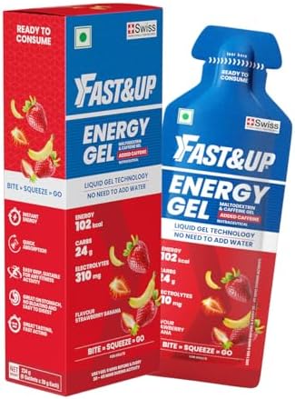 Fast&Up Energy Gel- Strawberry Banana flavour (Caffeinated) - Pack of 6 Gel Sachets, 39g per sachet- For Instant energy boost, Improved endurance and performance