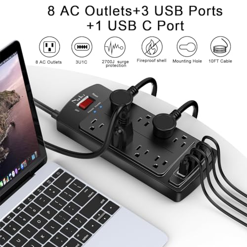 Image of 10 Feet Surge Protector Power Strip - Nuetsa Extension Cord with 8 Outlets and 4 USB Ports, Flat Plug, 2700 Joules, for Home, School, College Dorm Room, and Office, ETL Listed, Black