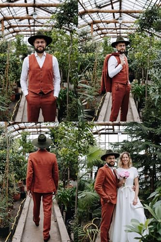 Men's 3 Pieces Linen Suits One Button Jacket Single Breasted Vest Pants Set Slim Fit Wedding Suits for Mens4