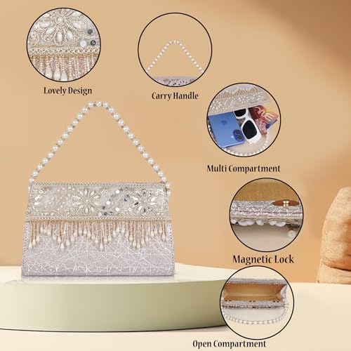 Image of Nevis Women's Embellished Clutch with Pearl Handle | Fancy Designe & Wedding Potli Bag for Festive & Evening