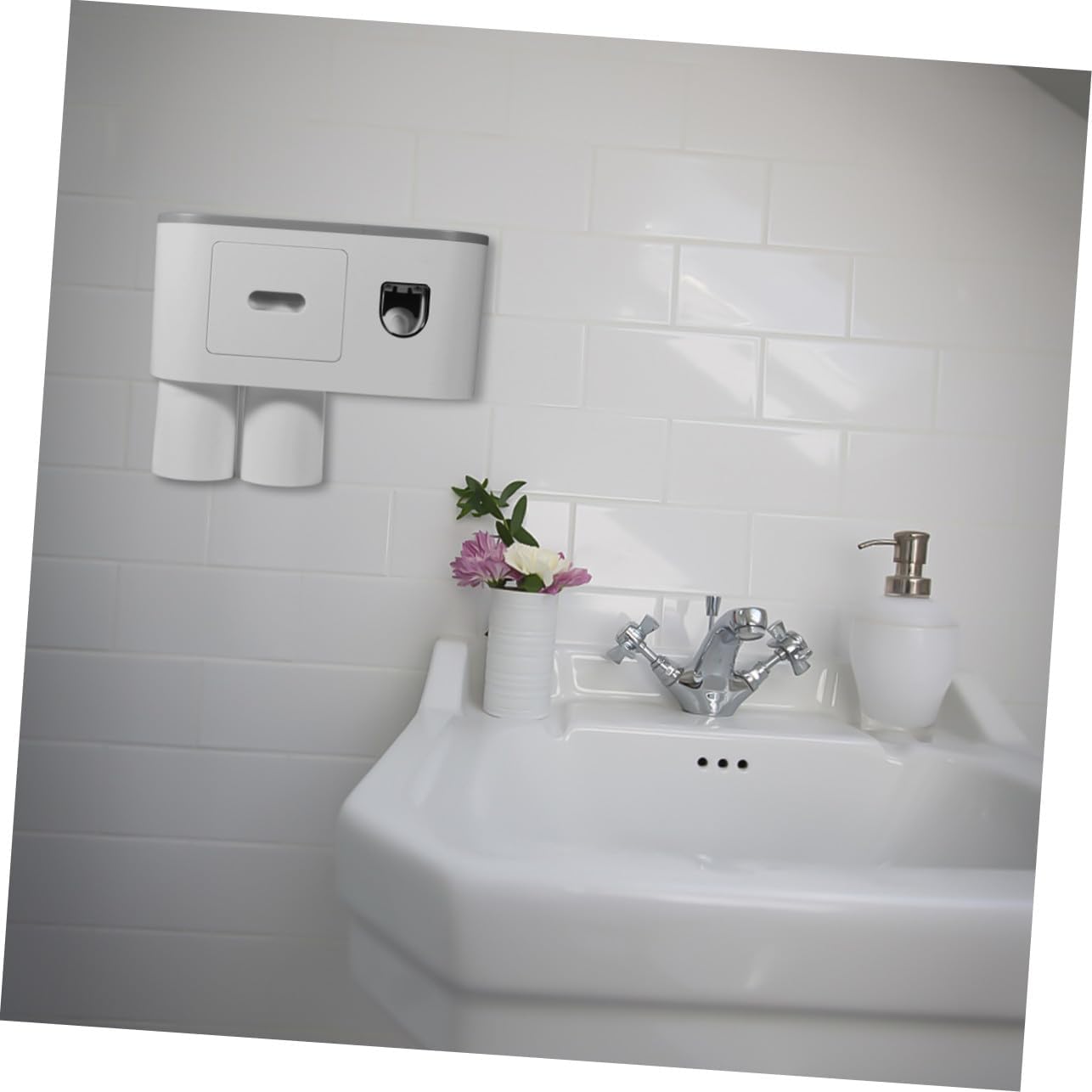 Multi-Functional Wall Mount Toothbrush Holder with Toothpaste Dispenser and Two Cups Abs Material Organizer for Bathroom Storage Rustproof Toothbrush Organizer Rack